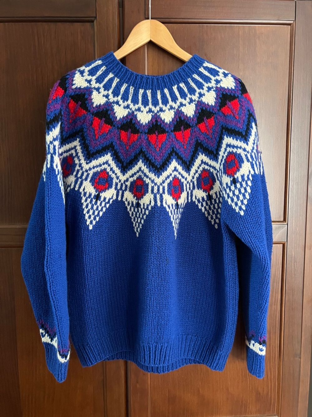 Blue Fair Isle 100% Shetland Wool Sweater with Red & White Accents